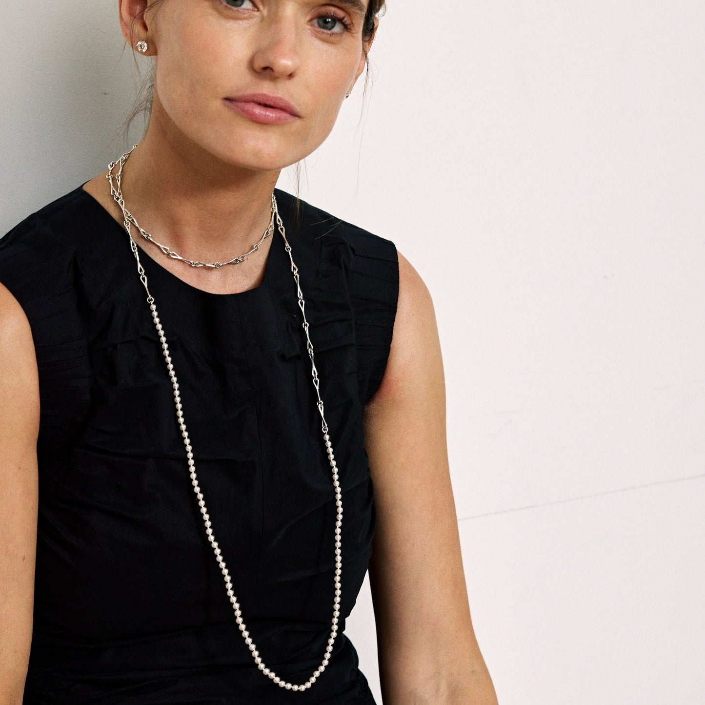 WaterDrop Medium Link and Akoya Pearl Necklace in Sterling Silver