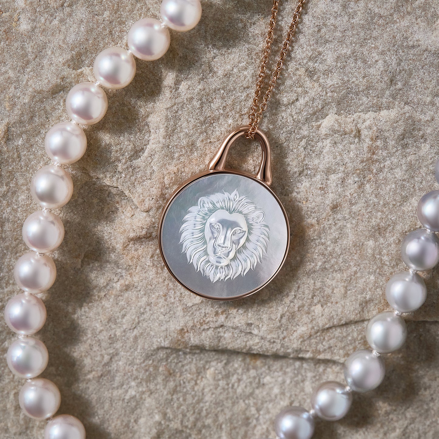 TreasureLock Lion Pendant 19mm in 14k SMO Rose Gold and Mother-of-Pearl