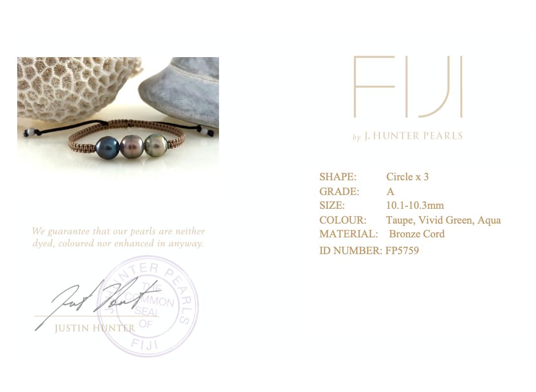Fiji Taupe, Vivid Green, Aqua Circle 10mm Three Pearl Bracelet