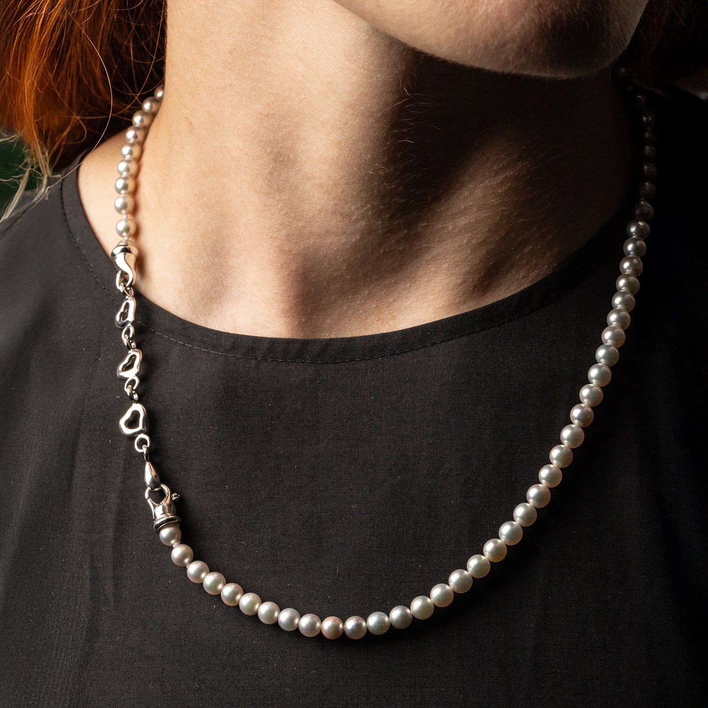 Akoya Silver-Blue 6-6.5mm Pearl Strand with Sterling Silver Triple Heart Clasp