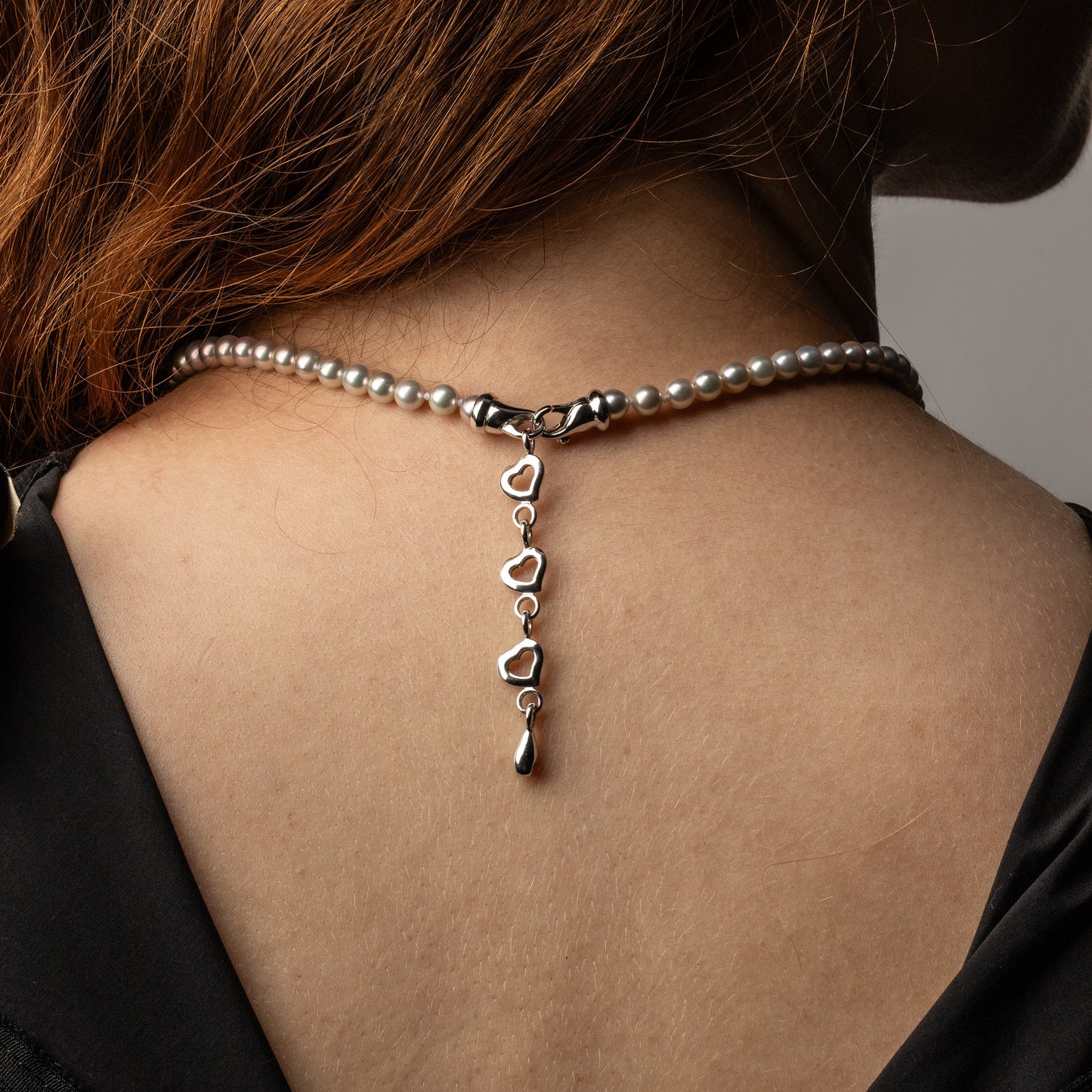 Akoya Silver-Blue 6-6.5mm Pearl Strand with Sterling Silver Triple Heart Clasp
