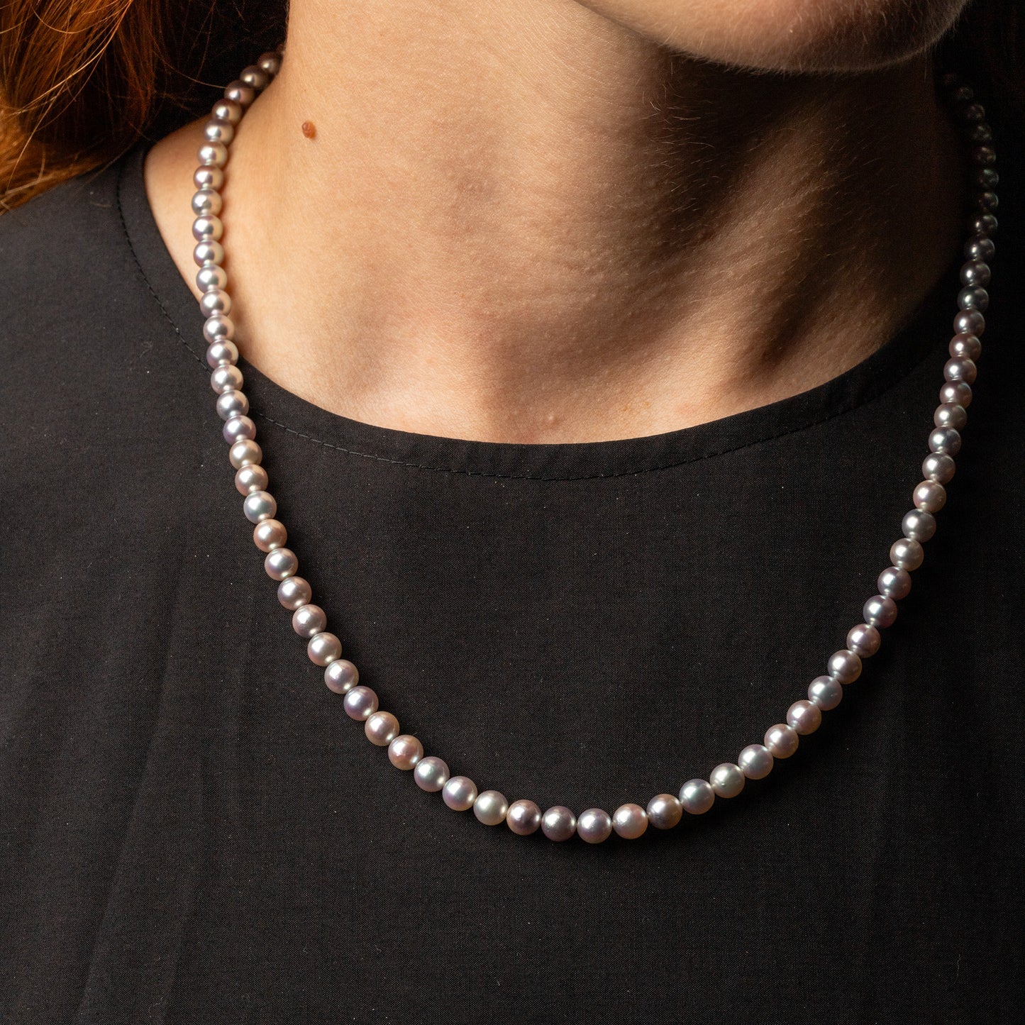Akoya Silver-Blue 6-6.5mm Pearl Strand with Sterling Silver Circle Clasp