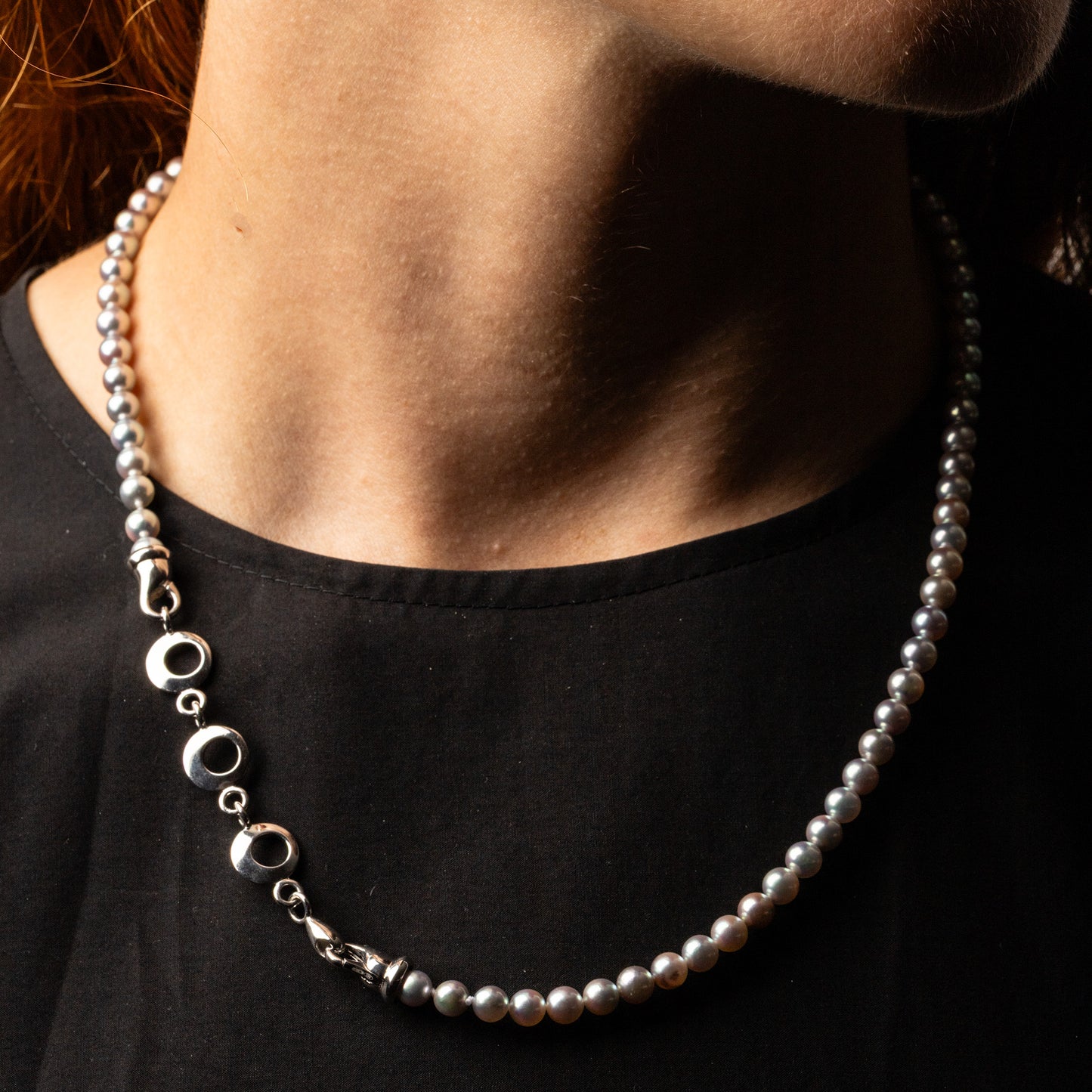 Akoya Silver-Blue 6-6.5mm Pearl Strand with Sterling Silver Circle Clasp