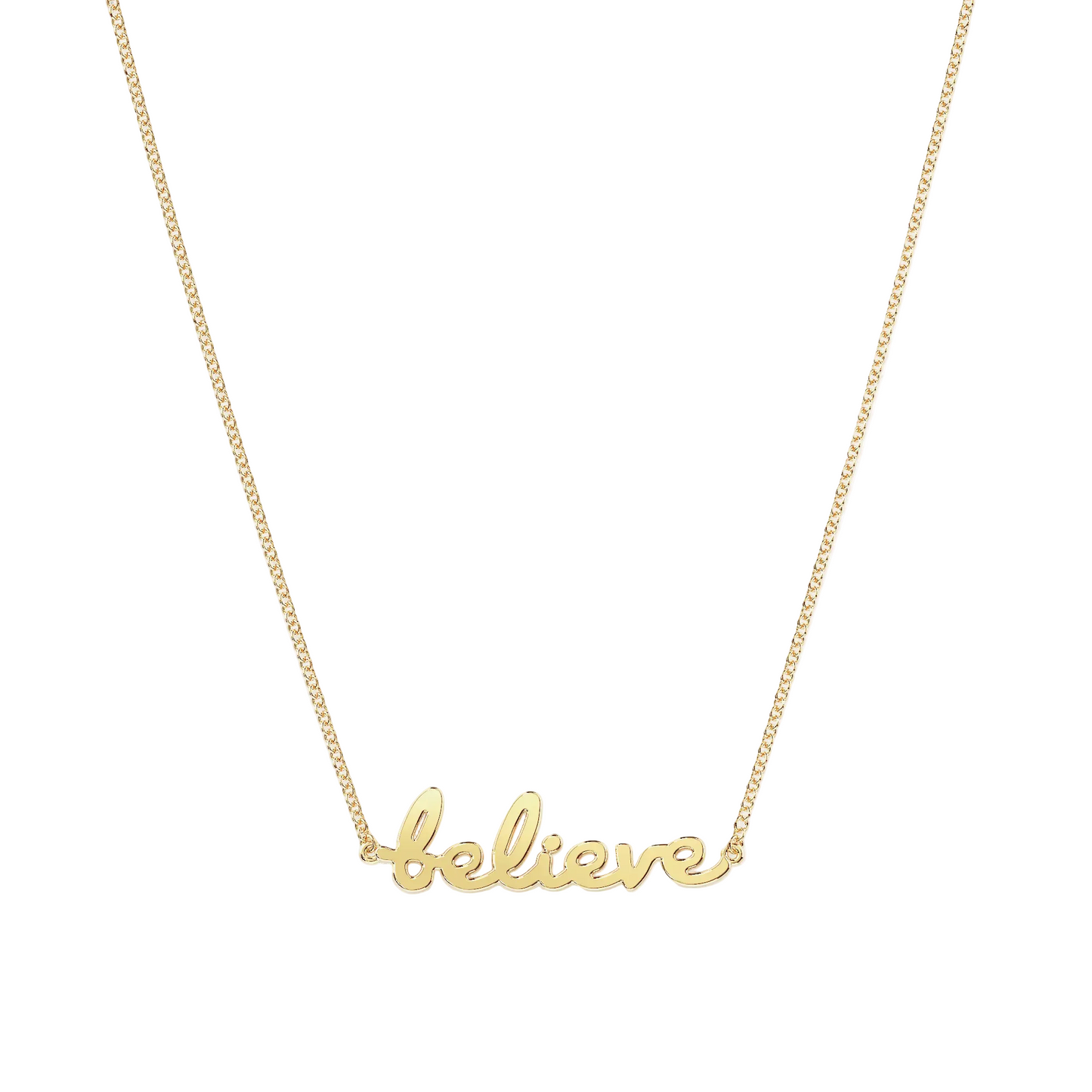 Tiary 14k yellow gold necklace with 'believe' pendant on a white background