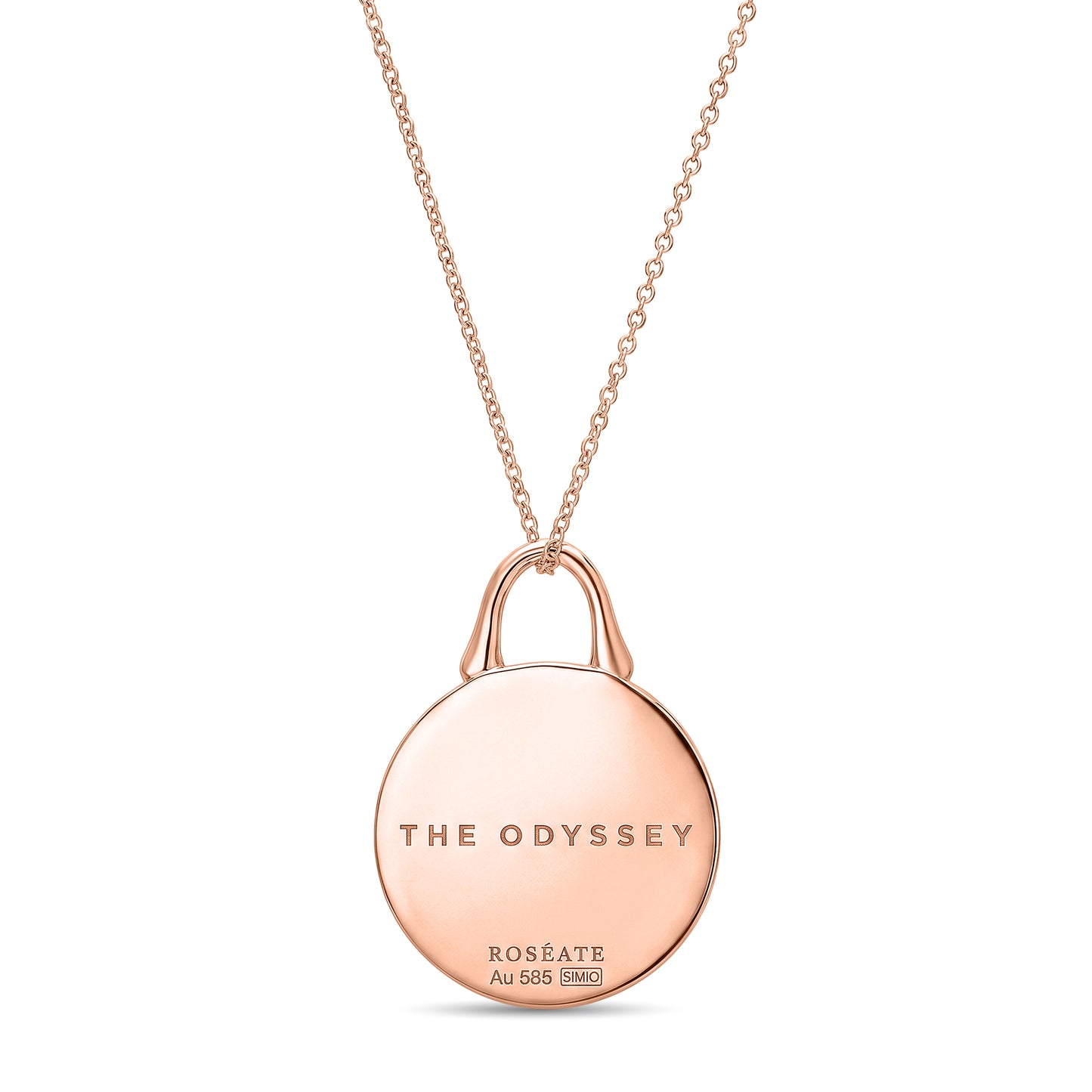 The Odyssey | Roseate Courage lion pendant in 14k rose gold with mother-of-pearl, 19mm, back view showing engraving