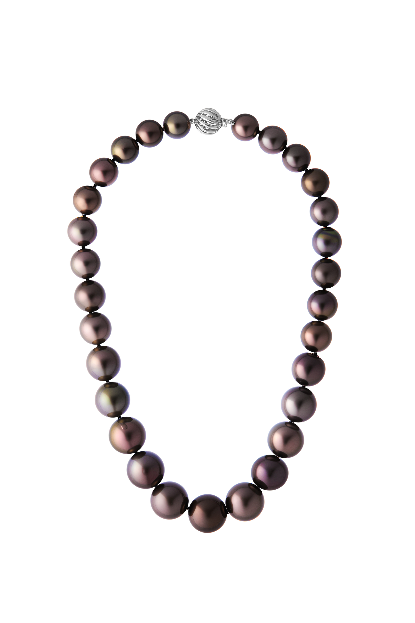 The Odyssey | Roseate Moons Collection round 11-16mm Tahitian pearl necklace with an 18K white gold swirl clasp.