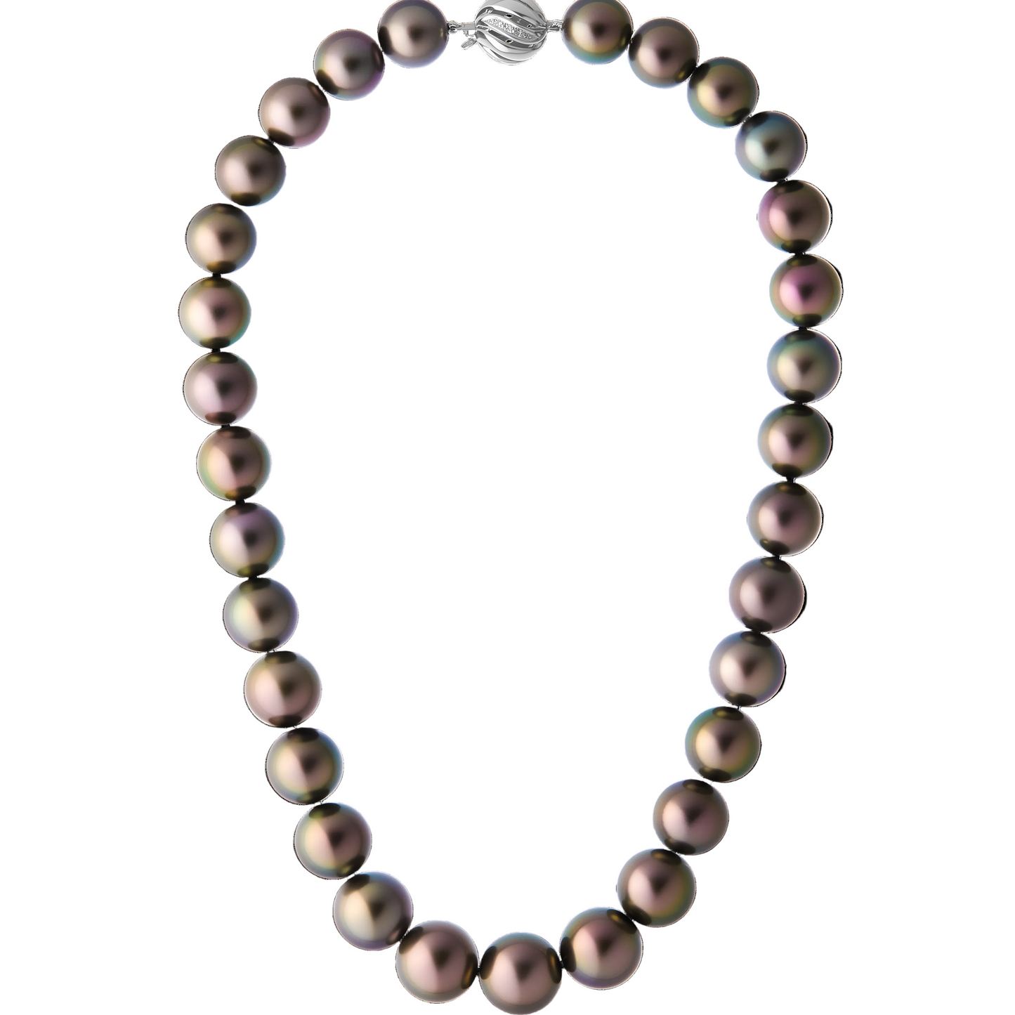The Odyssey | Roseate Moons 12-14mm round Tahitian pearl necklace with an 18k white gold and diamond swirl clasp.