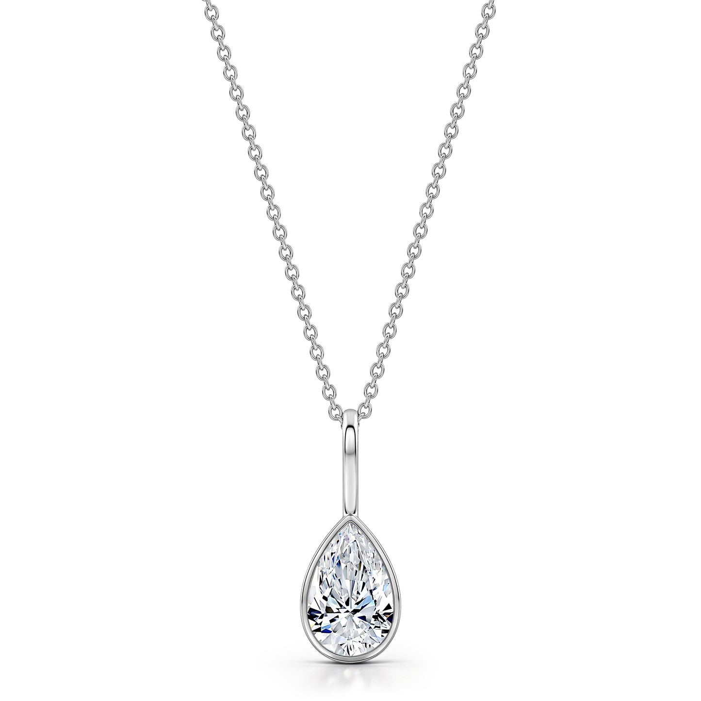 Roseate pear shaped diamond pendant on a chain in white gold