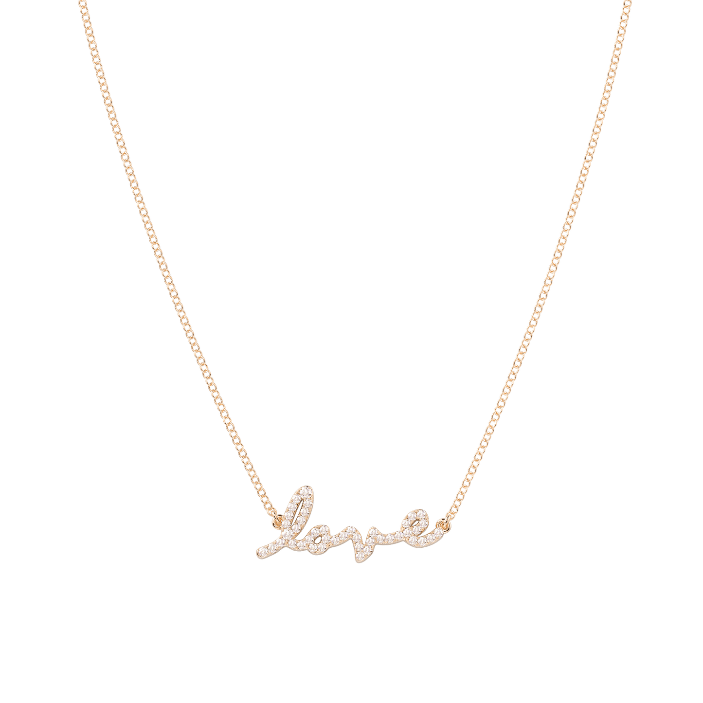 Tiary Love Story necklace in solid 14K rose gold featuring a pavé-set natural diamond script "Love" centerpiece on a fine yellow gold chain.