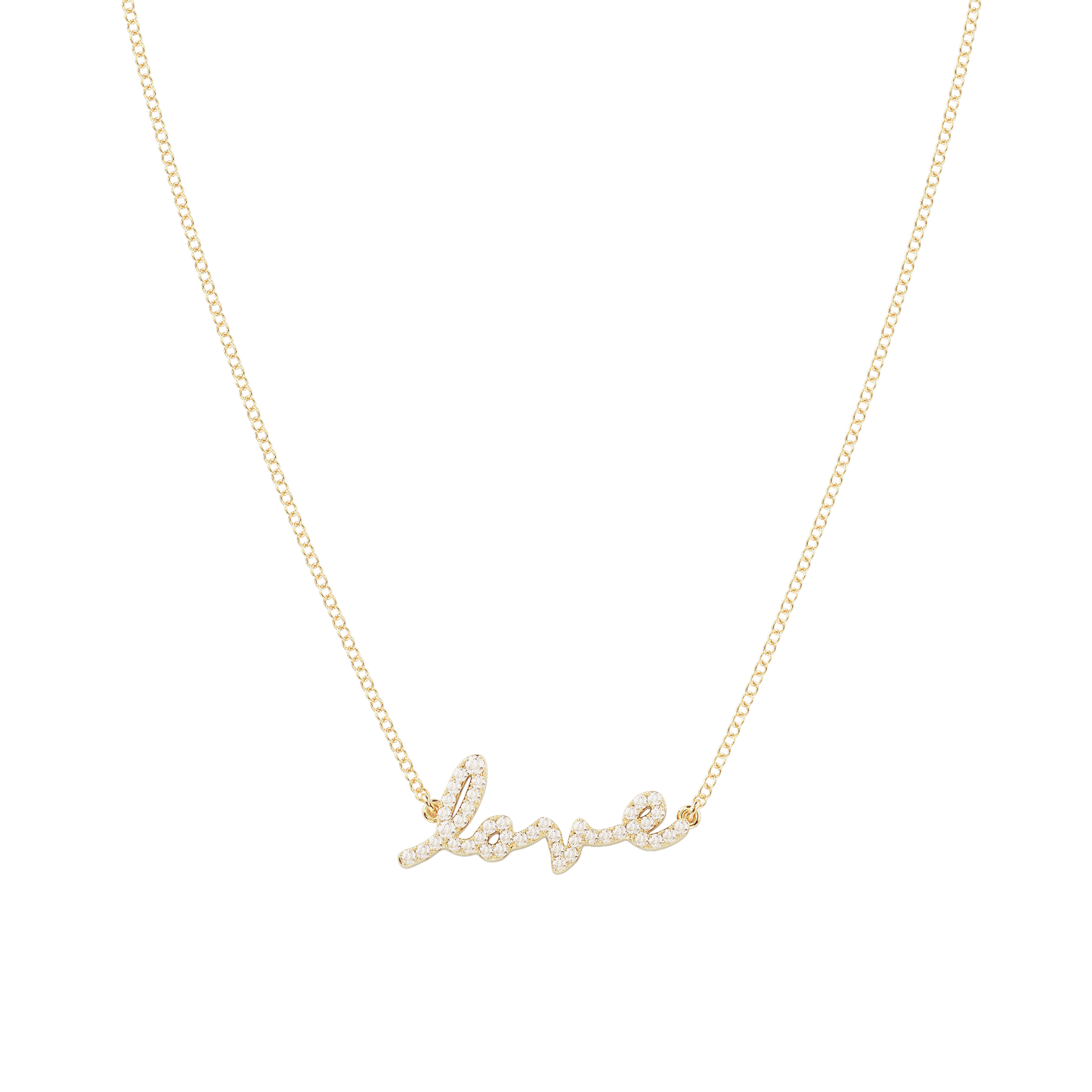 Tiary Love Story necklace in solid 14K yellow gold featuring a pavé-set natural diamond script "Love" centerpiece on a fine yellow gold chain.