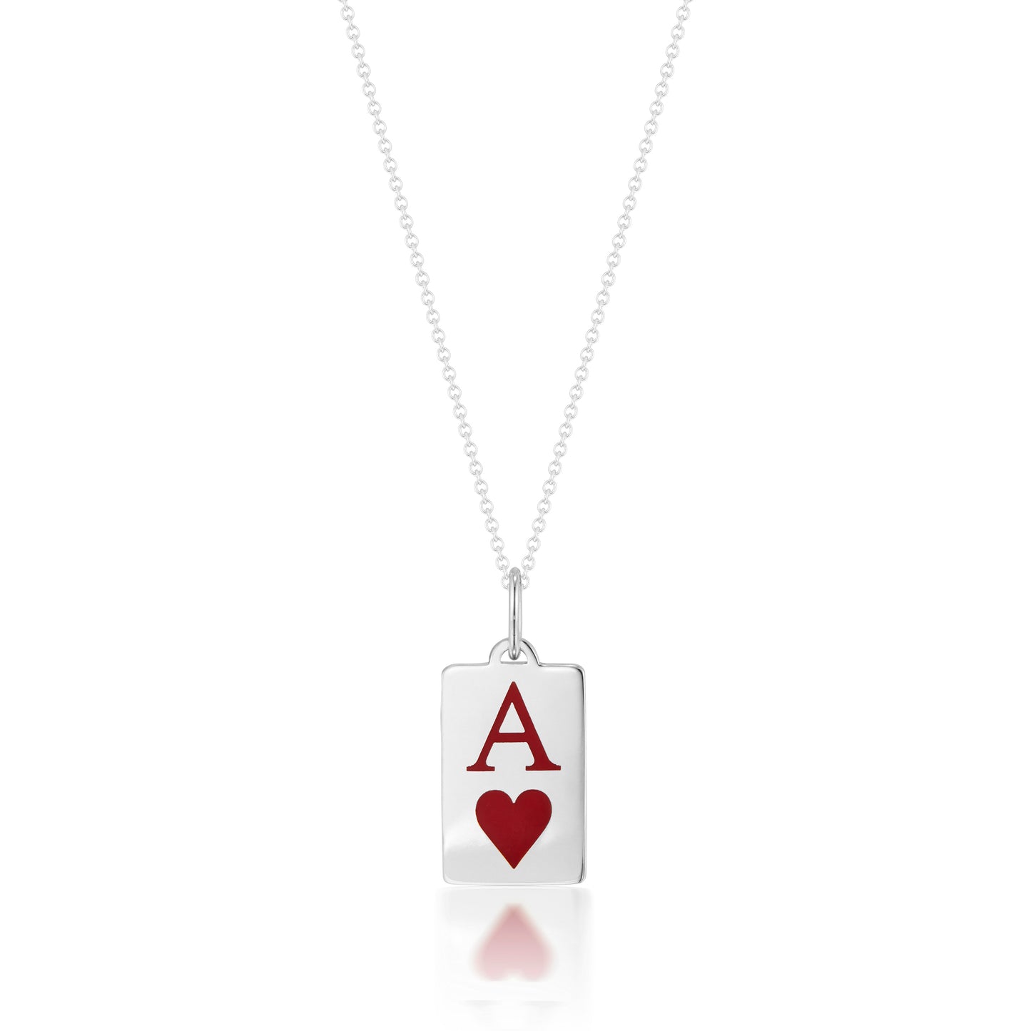 Tiary Ace of Hearts pendant in sterling silver featuring a red colin resin enamel playing card design with a red Ace and heart symbol on a sterling silver chain.