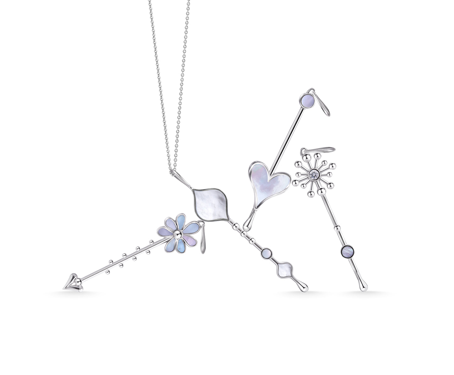 Multiple Wand pendants in sterling silver with mother-of-pearl displayed together