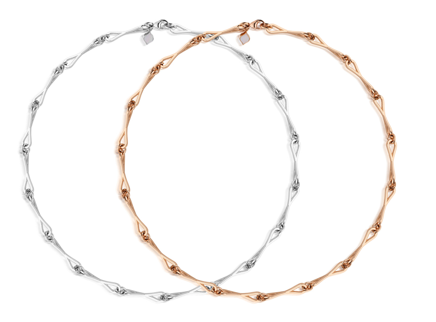 Two WaterDrop link necklaces in sterling silver and gold shown side by side