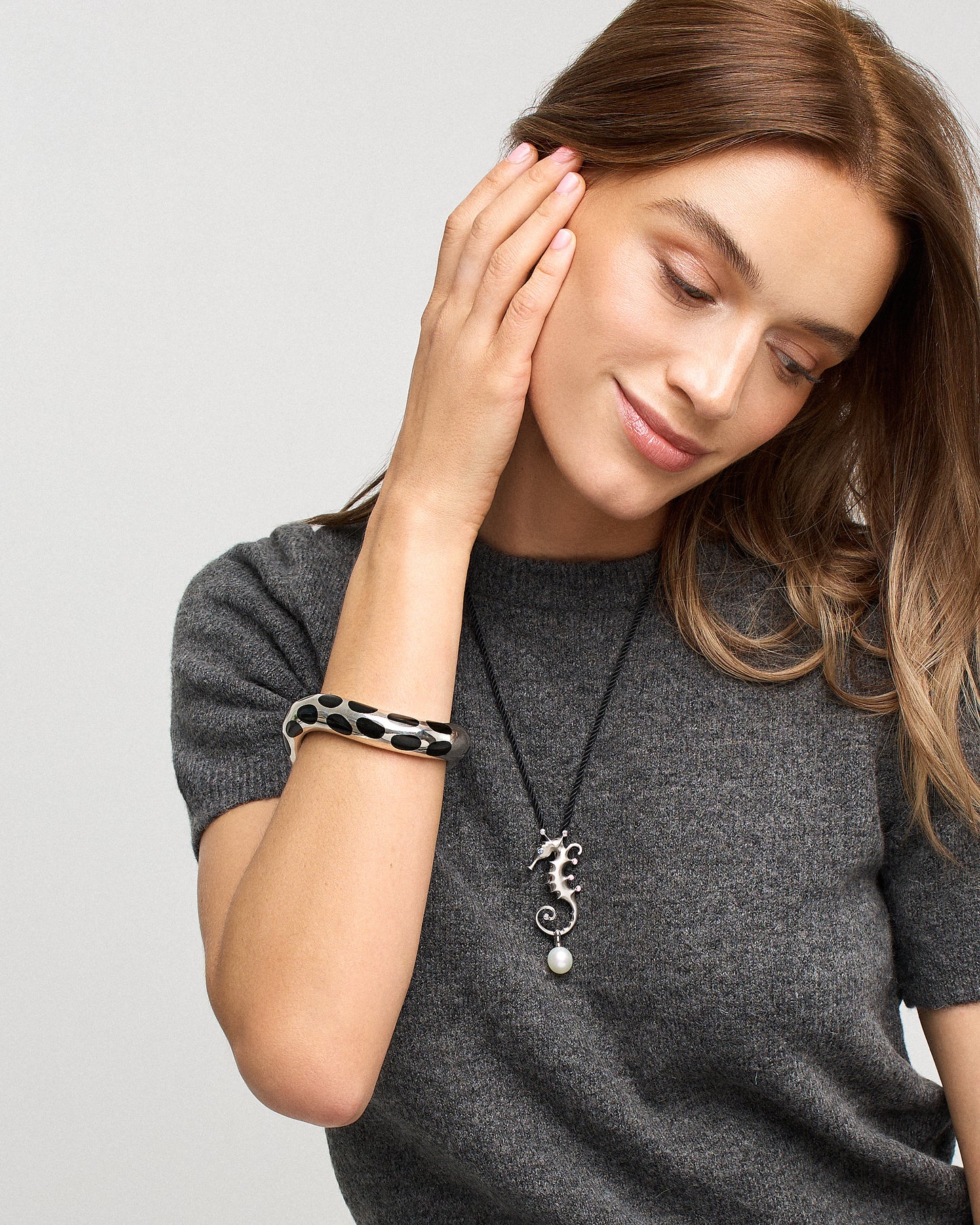 Angela Cummings Dotted Wave Bangle in Sterling Silver and Black Nephrite Jade