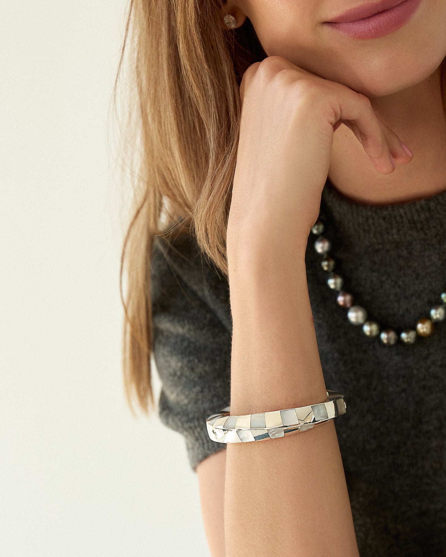 Angela Cummings Checkerboard Wave Bangle in Sterling Silver and Mother-of-Pearl