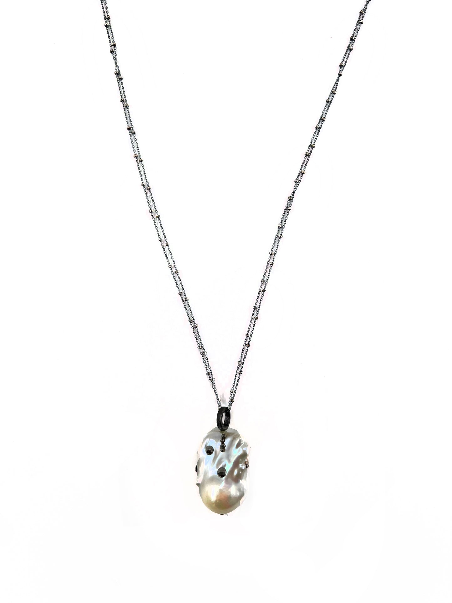 Bernard Cohen Long Blackened Sterling Silver Necklace with White Baroque Pearl Pendant