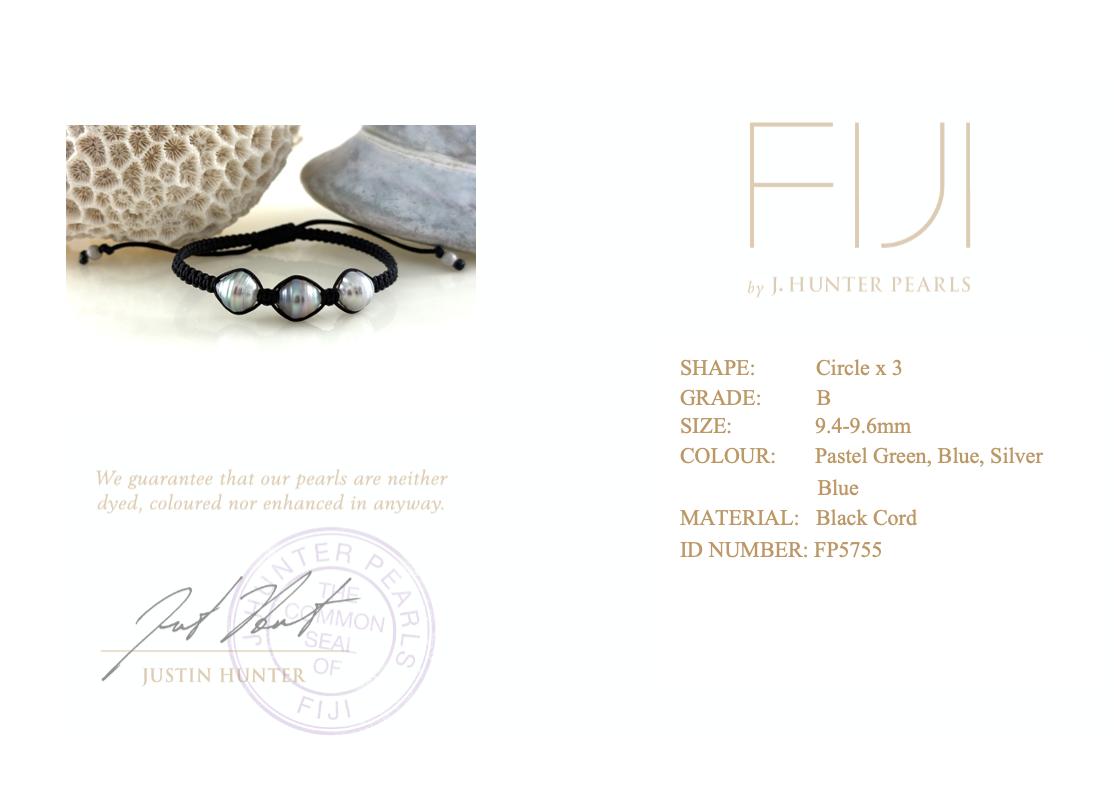 Fiji Pastel Green, Blue, Silver-Blue Circle 9mm Three Pearl Bracelet