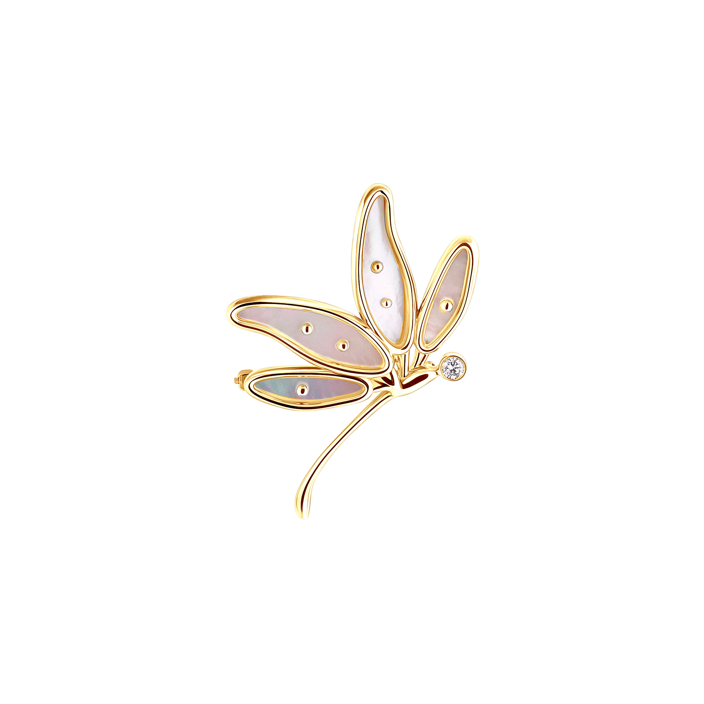 Dragonfly Side Brooch in 14k Yellow Gold and Mother-of-Pearl