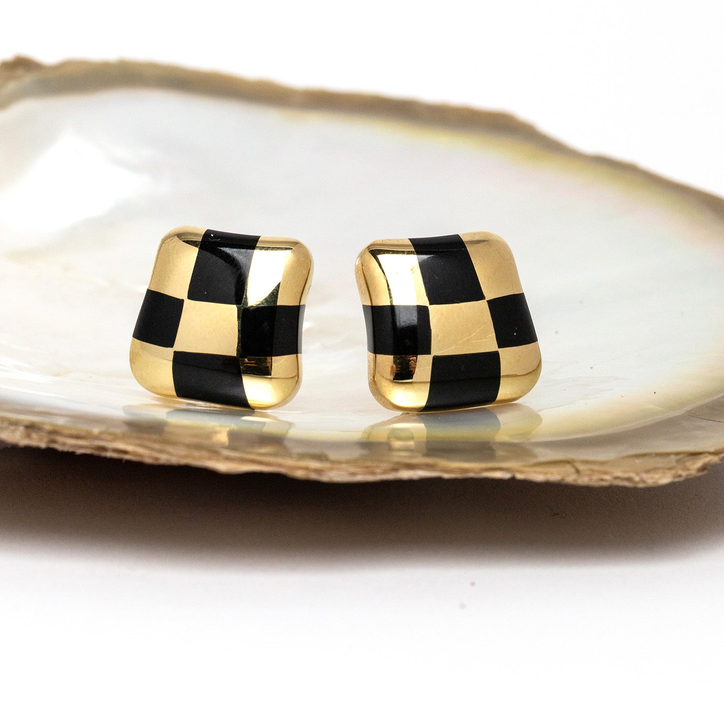 Angela Cummings Vintage 18k Gold and Black Onyx Checkboard Inlay Earrings