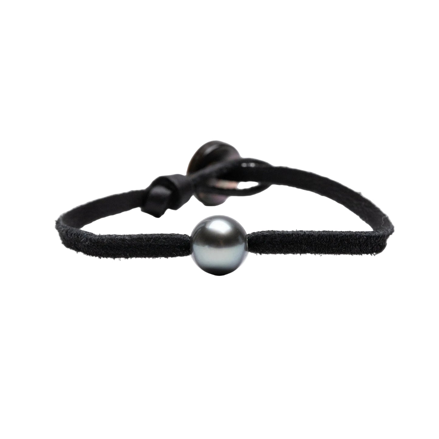 Kamoka Tahitian pearl bracelet on a black leather cord and mother-of-pearl button closure.  