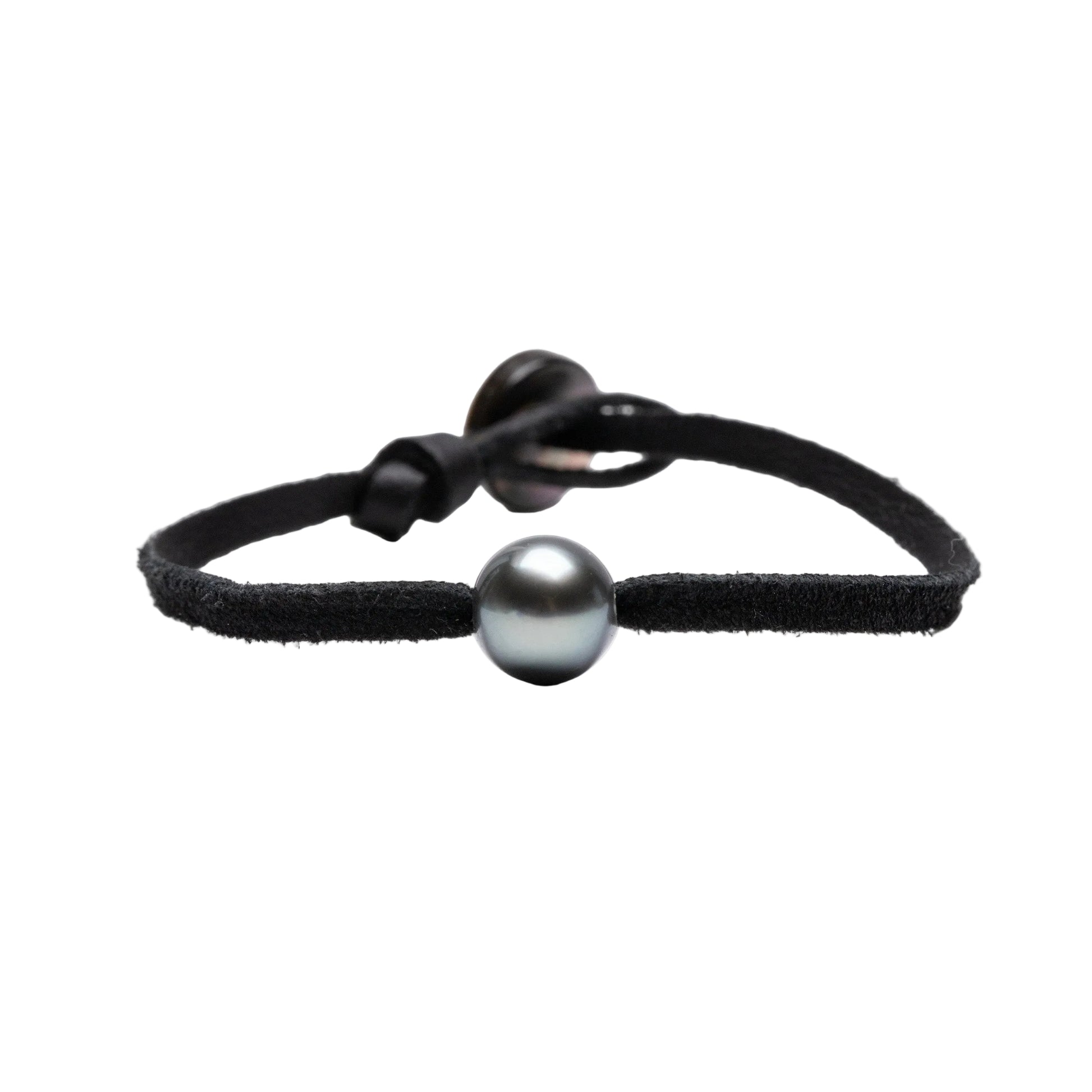 Kamoka Tahitian pearl bracelet on a black leather cord and mother-of-pearl button closure.  