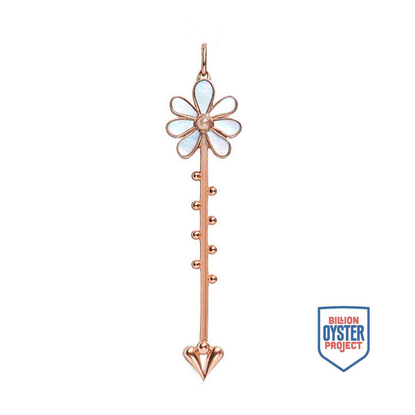 Bloom Wand Pendant in 18K rose gold with luminous mother-of-pearl, shown with Billion Oyster Project badge supporting oyster reef restoration