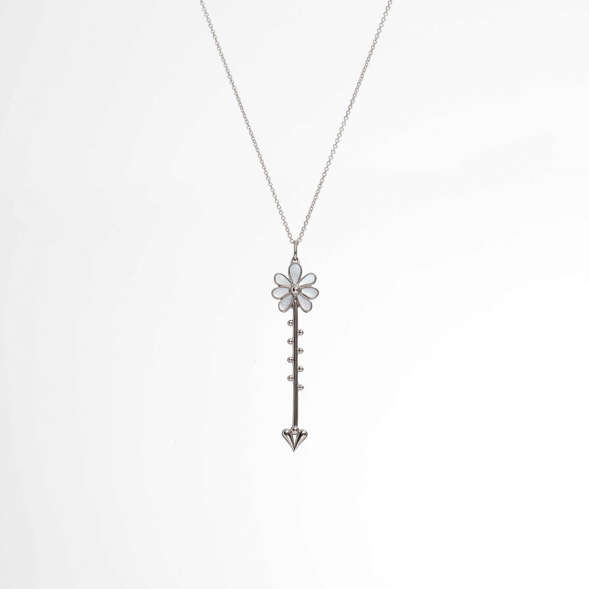 Bloom Wand Pendant in sterling silver with luminous mother-of-pearl on a chain worn on model
