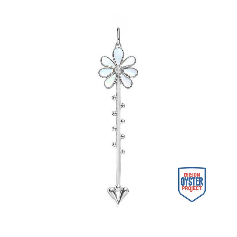 Bloom Wand Pendant in sterling silver with luminous mother-of-pearl, shown with Billion Oyster Project badge supporting oyster reef restoration