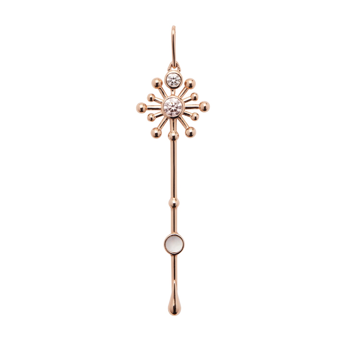 Light Wand Pendant in 18K rose gold with luminous mother-of-pearl and one pink lab-grown diamond and one white lab-grown diamond
