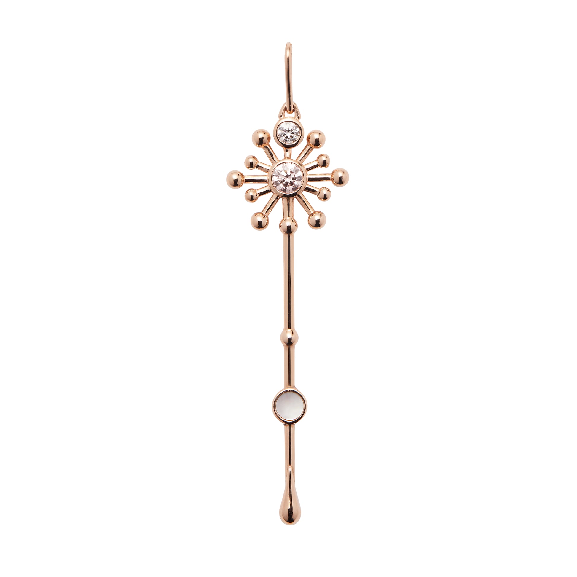 Light Wand Pendant in 18K rose gold with luminous mother-of-pearl and one pink lab-grown diamond and one white lab-grown diamond