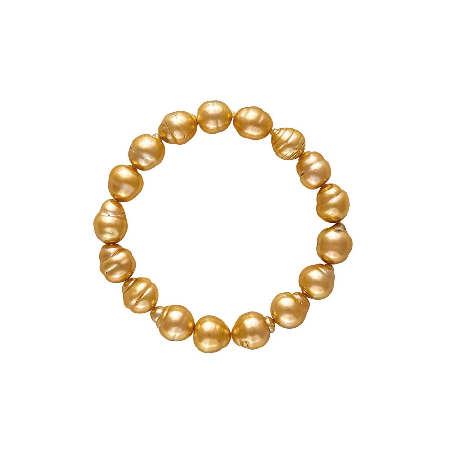 Jewelmer Golden South Sea cultured pearl stretch bracelet featuring naturally golden baroque pearls with exceptional luster.
