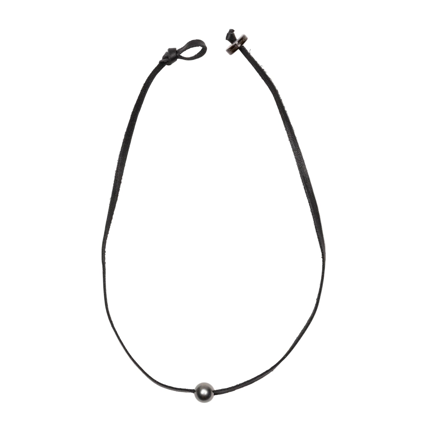Black leather cord necklace with a single Tahitian pearl on a white background