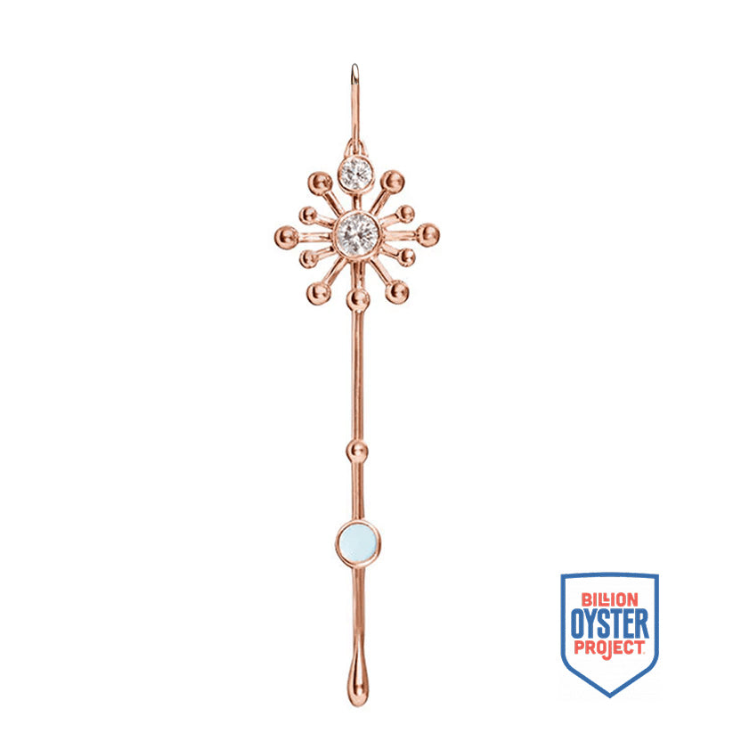 Light Wand Pendant in rose gold with luminous mother-of-pearl, shown with Billion Oyster Project sustainability badge