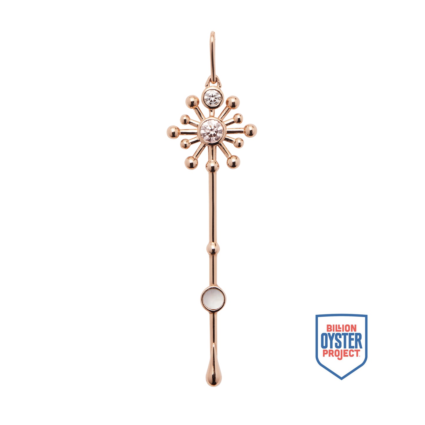 Light Wand Pendant in 18K rose gold with luminous mother-of-pearl and one pink lab-grown diamond, and one white lab-grown diamond shown with Billion Oyster Project badge supporting oyster reef restoration