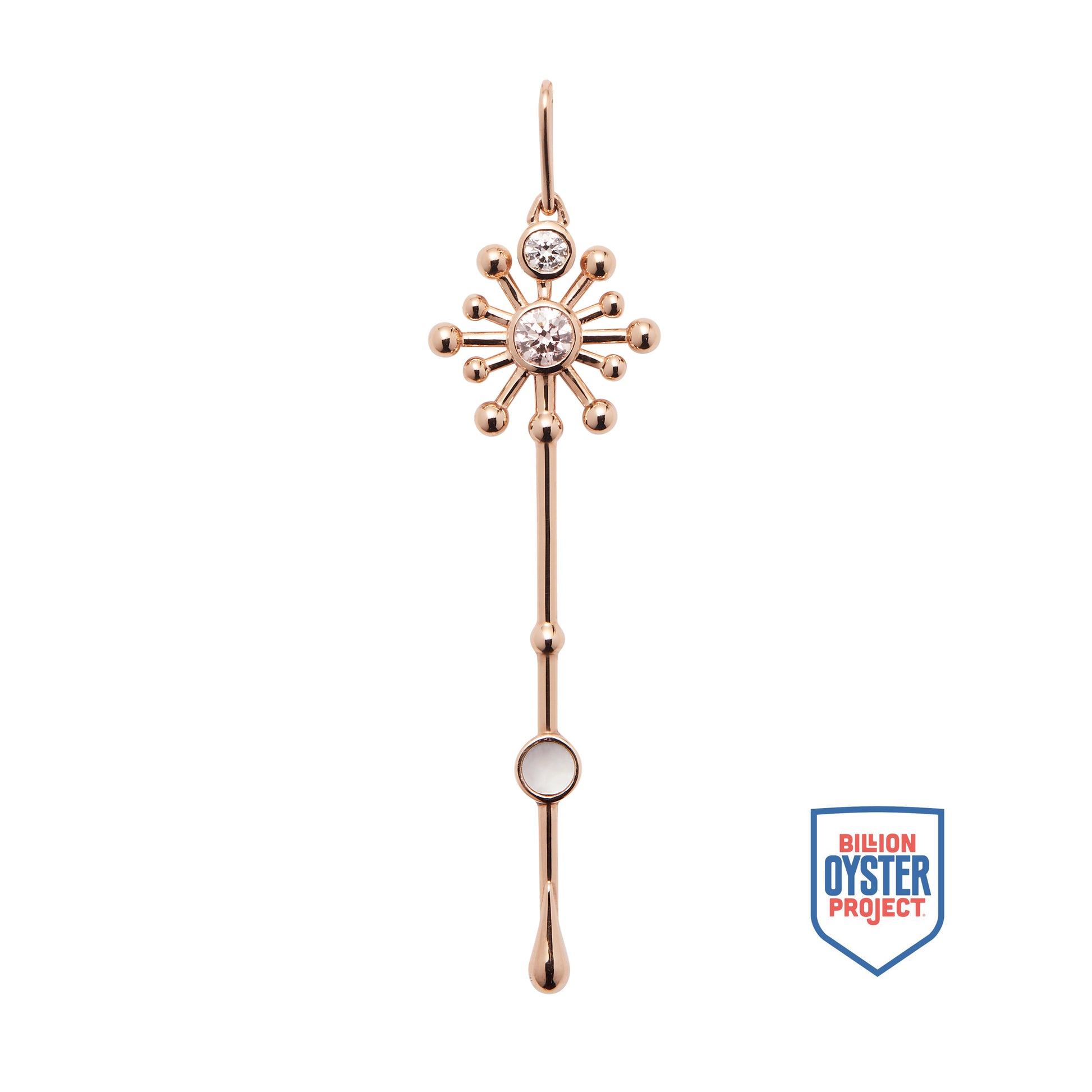Light Wand Pendant in 18K rose gold with luminous mother-of-pearl and one pink lab-grown diamond, and one white lab-grown diamond shown with Billion Oyster Project badge supporting oyster reef restoration