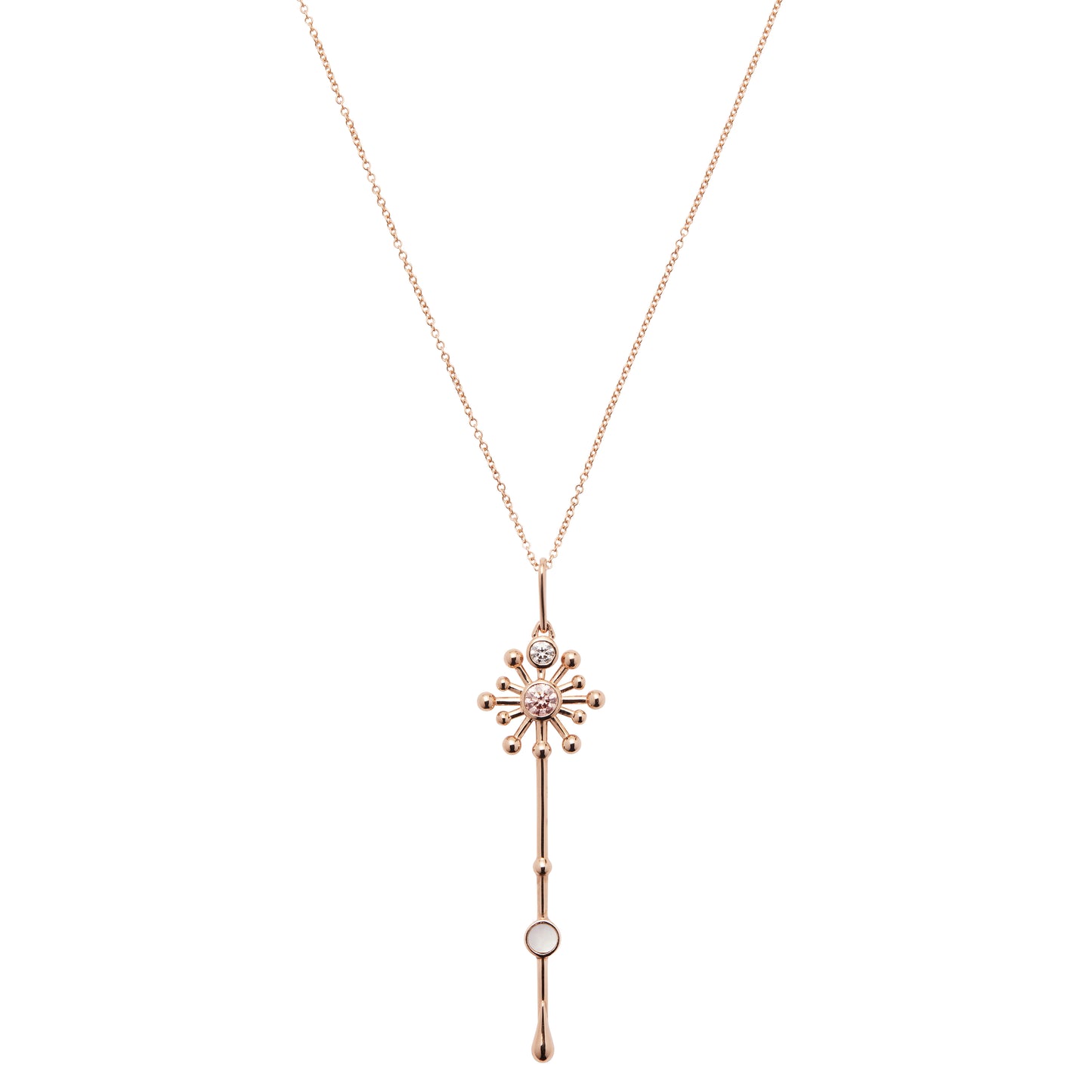 Light Wand Pendant in 18K rose gold with luminous mother-of-pearl and one pink lab-grown diamond and one white lab-grown diamond on chain