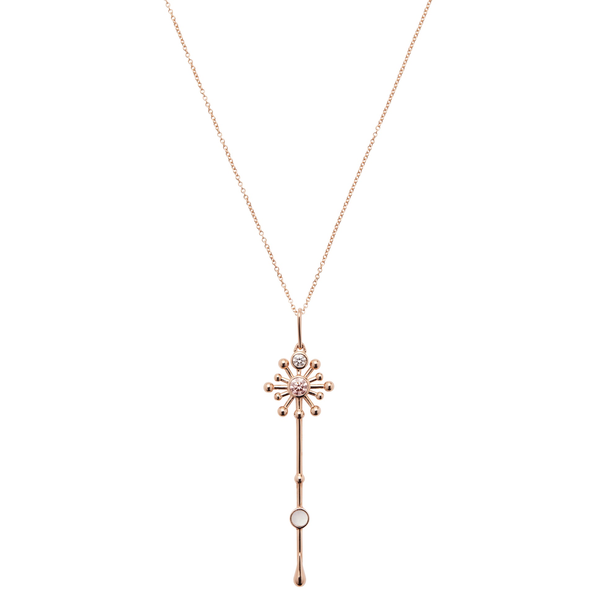 Light Wand Pendant in 18K rose gold with luminous mother-of-pearl and one pink lab-grown diamond and one white lab-grown diamond on chain