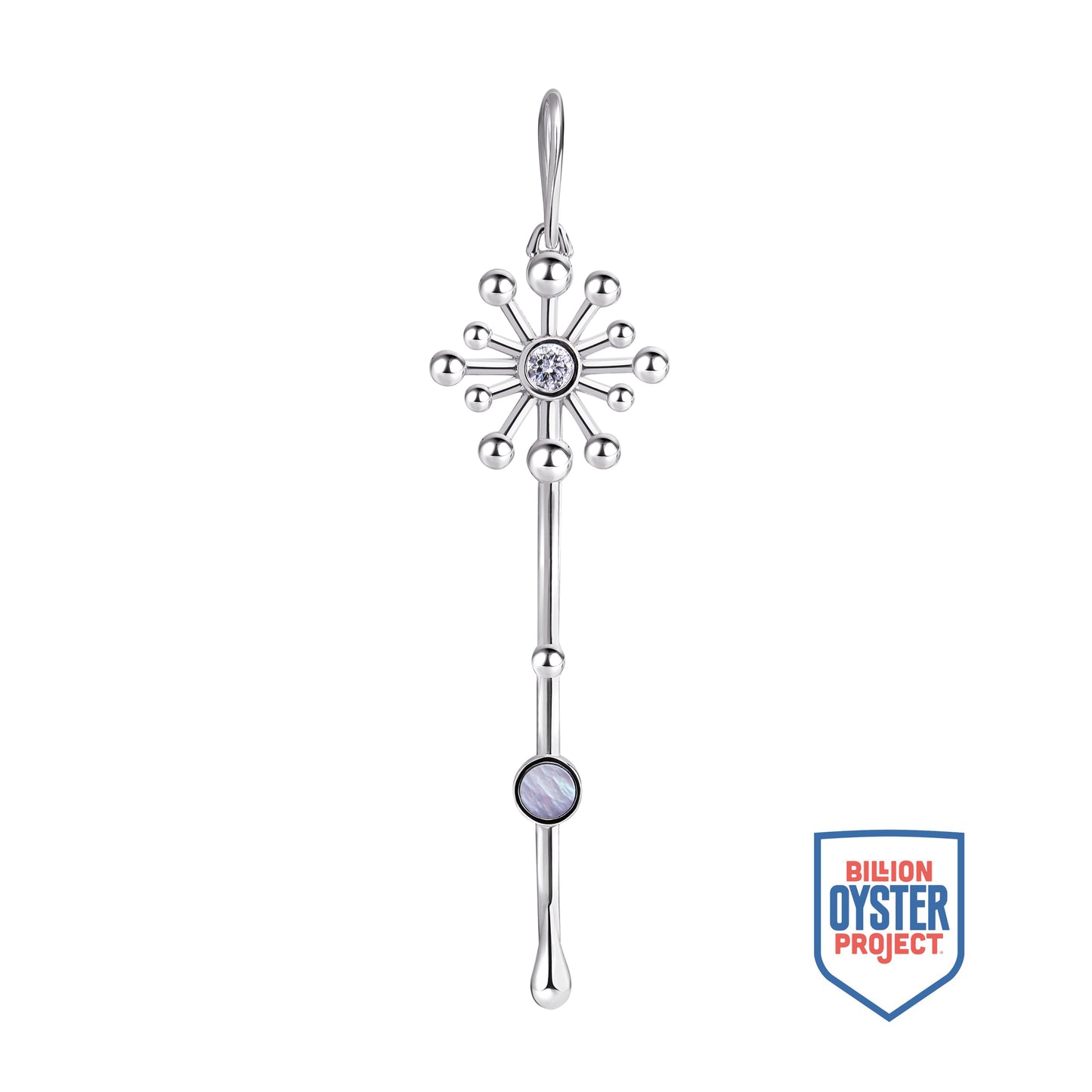 Light Wand Pendant in sterling silver with luminous mother-of-pearl, shown with Billion Oyster Project badge supporting oyster reef restoration