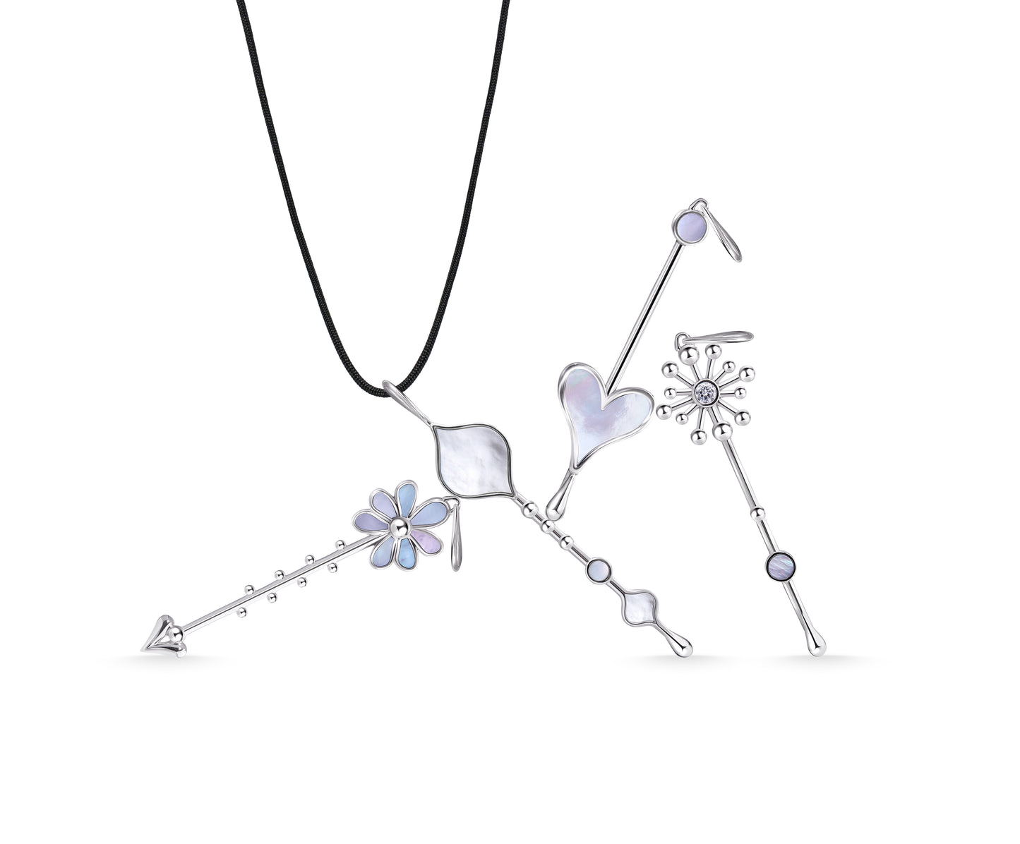 Multiple Wand pendants in sterling silver with mother-of-pearl displayed together