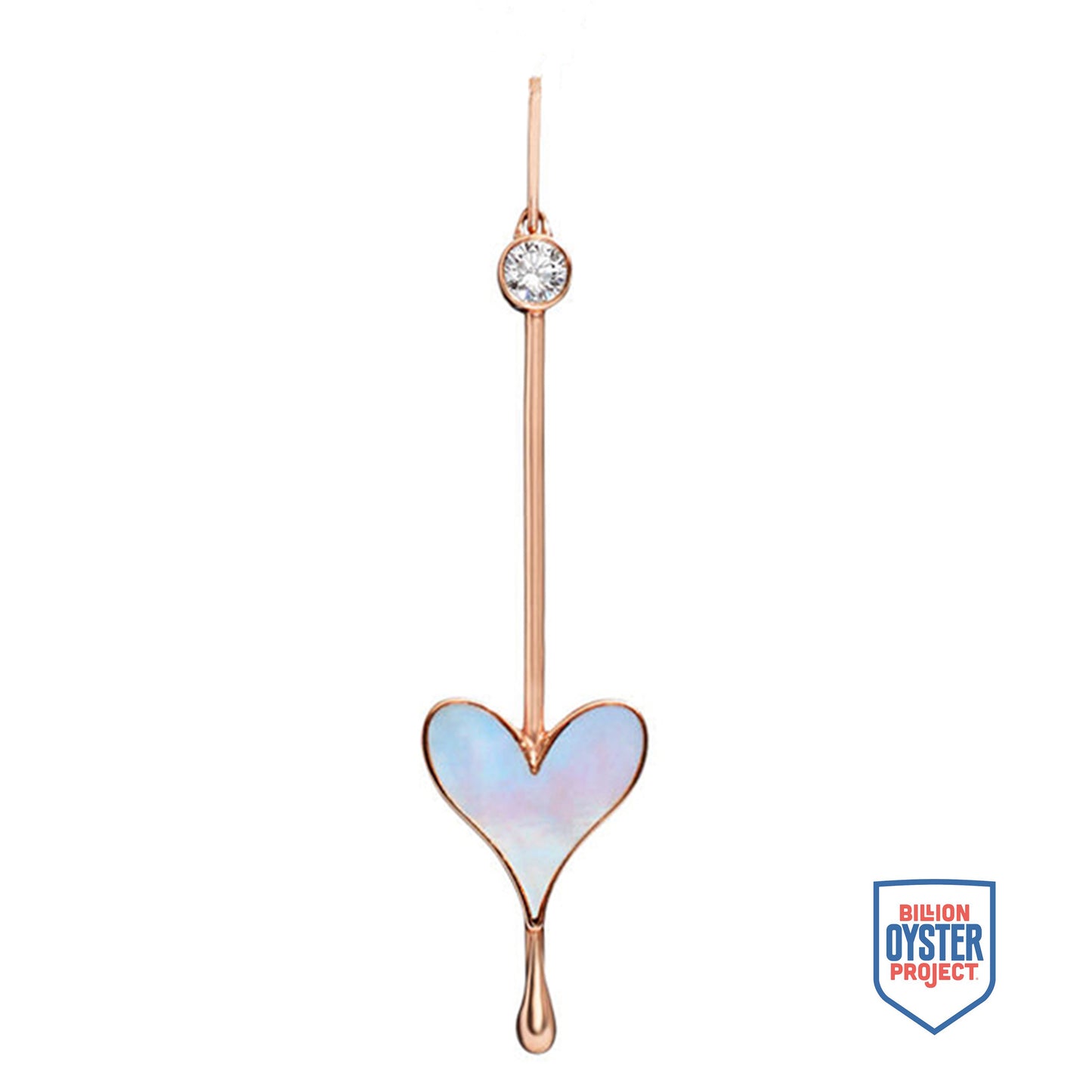 Love Wand Pendant in rose gold with luminous mother-of-pearl, shown with Billion Oyster Project badge supporting oyster reef restoration