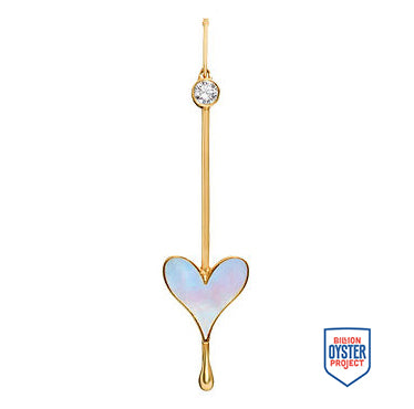 Love Wand Pendant in rose gold with luminous mother-of-pearl, shown with Billion Oyster Project badge supporting oyster reef restoration