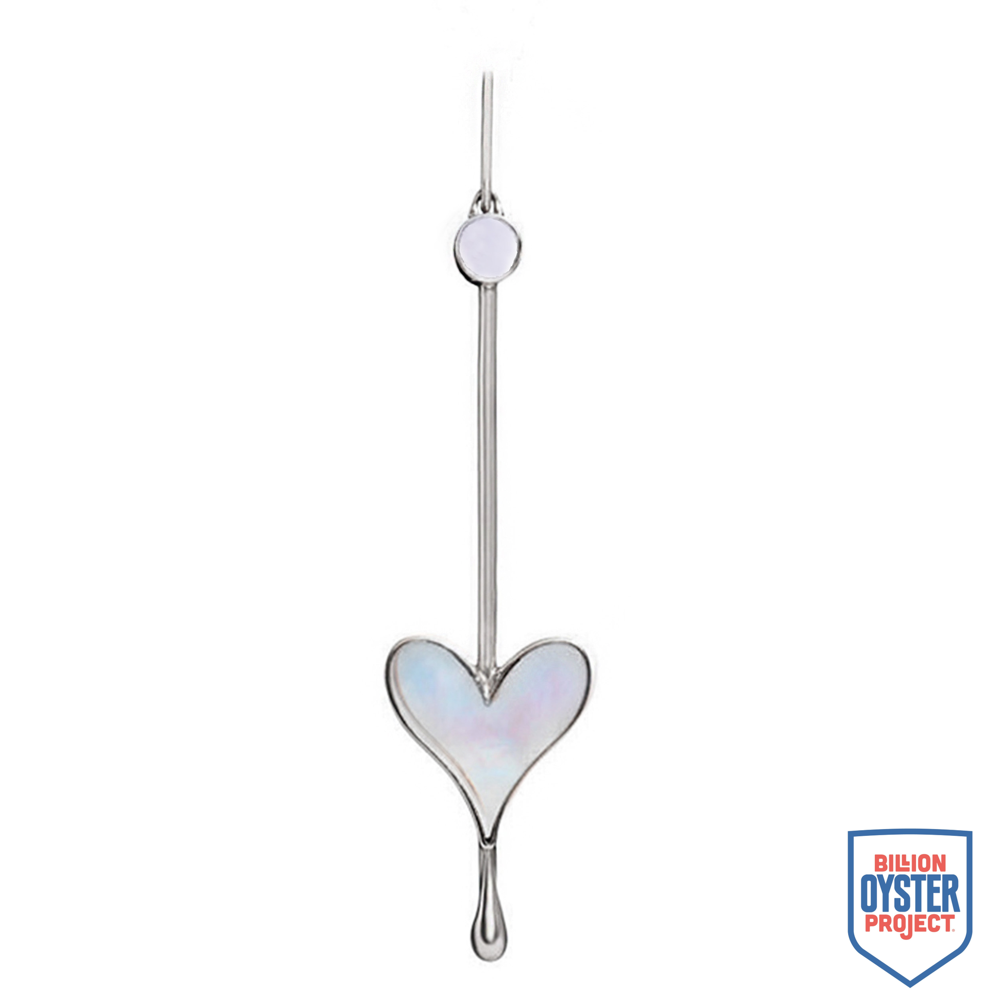 Sterling silver Love Wand Pendant with mother-of-pearl shown with Billion Oyster Project badge supporting oyster reef restoration
