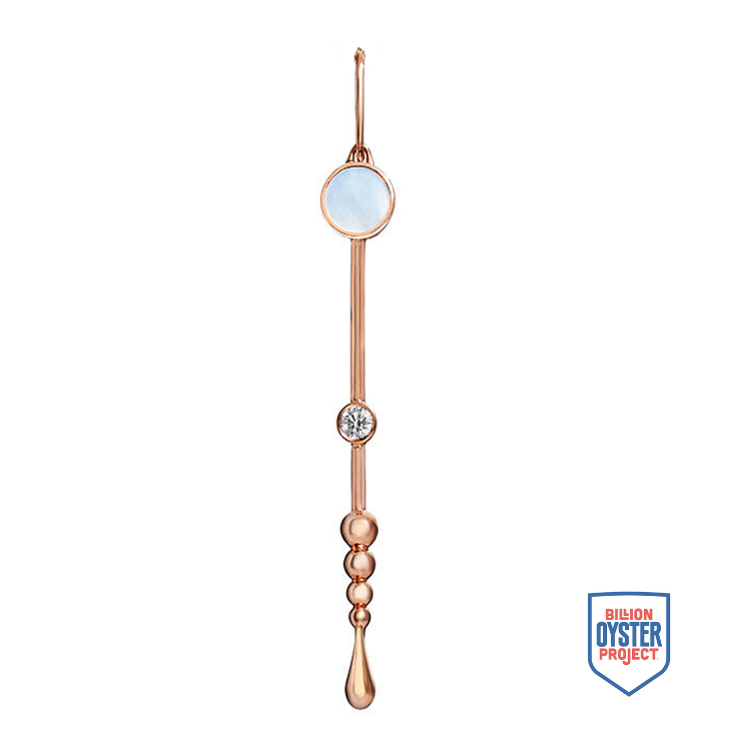 Loyalty Wand Pendant in 18K rose gold with luminous mother-of-pearl and a diamond, shown with Billion Oyster Project badge supporting oyster reef restoration