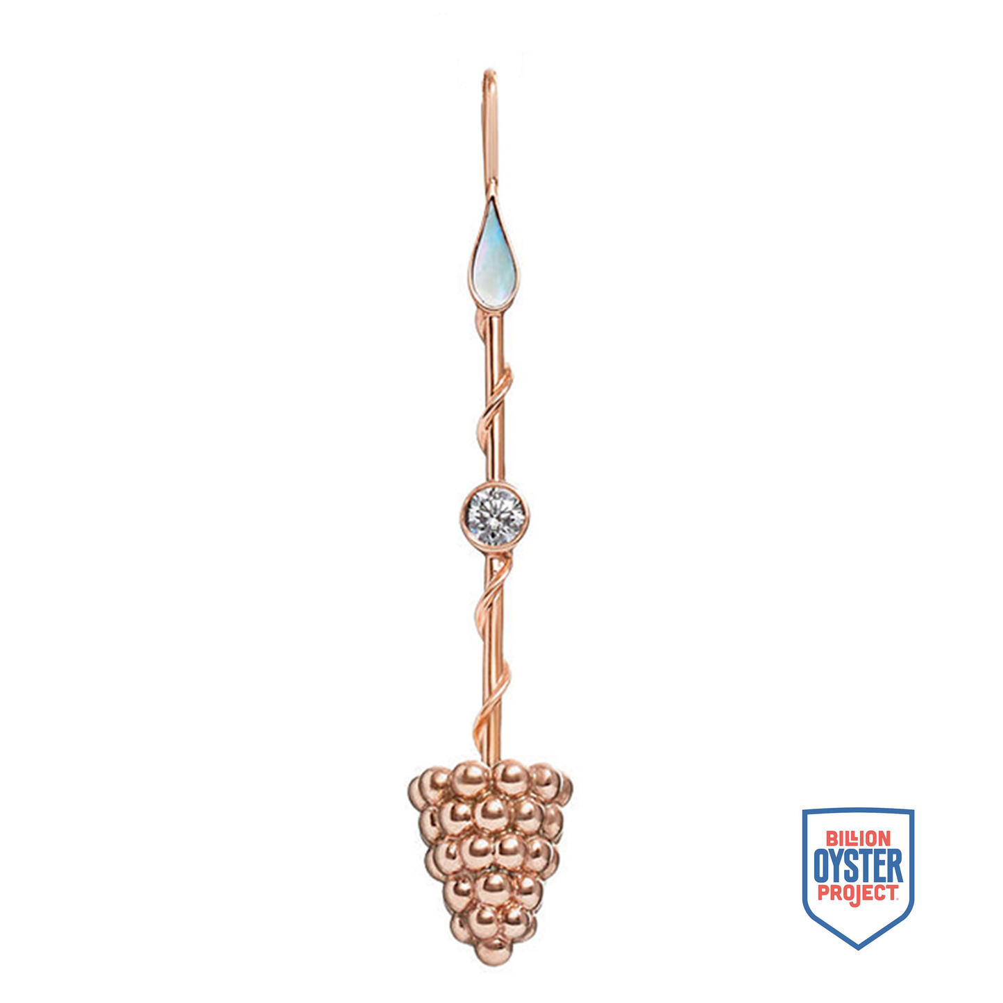 Prosperity Wand Pendant in 18K rose gold with luminous mother-of-pearl and a lab-grown diamond, shown with Billion Oyster Project badge supporting oyster reef restoration