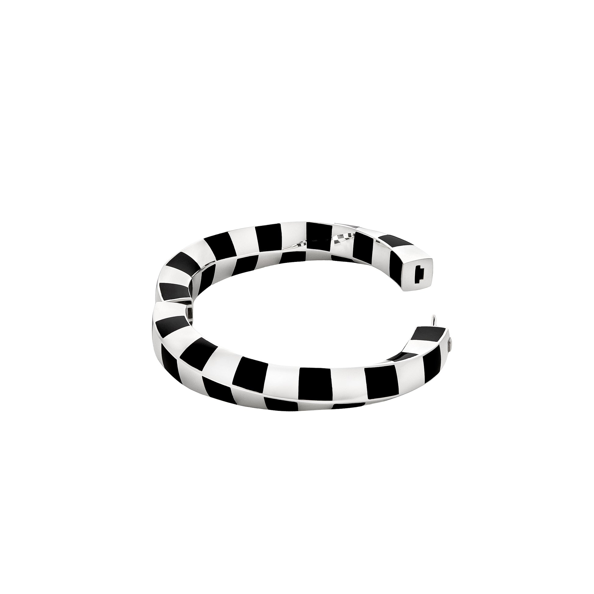 Vintage Angela Cummings Checkerboard Wave Bangle crafted in sterling silver and black nephrite jade with iconic wave motif and checkerboard design showing open clasp.