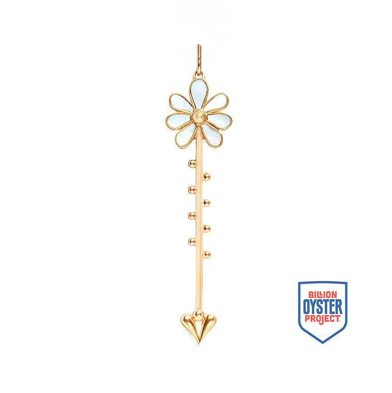Close detail of Roseate Bloom Wand pendant in 18k yellow gold with mother-of-pearl