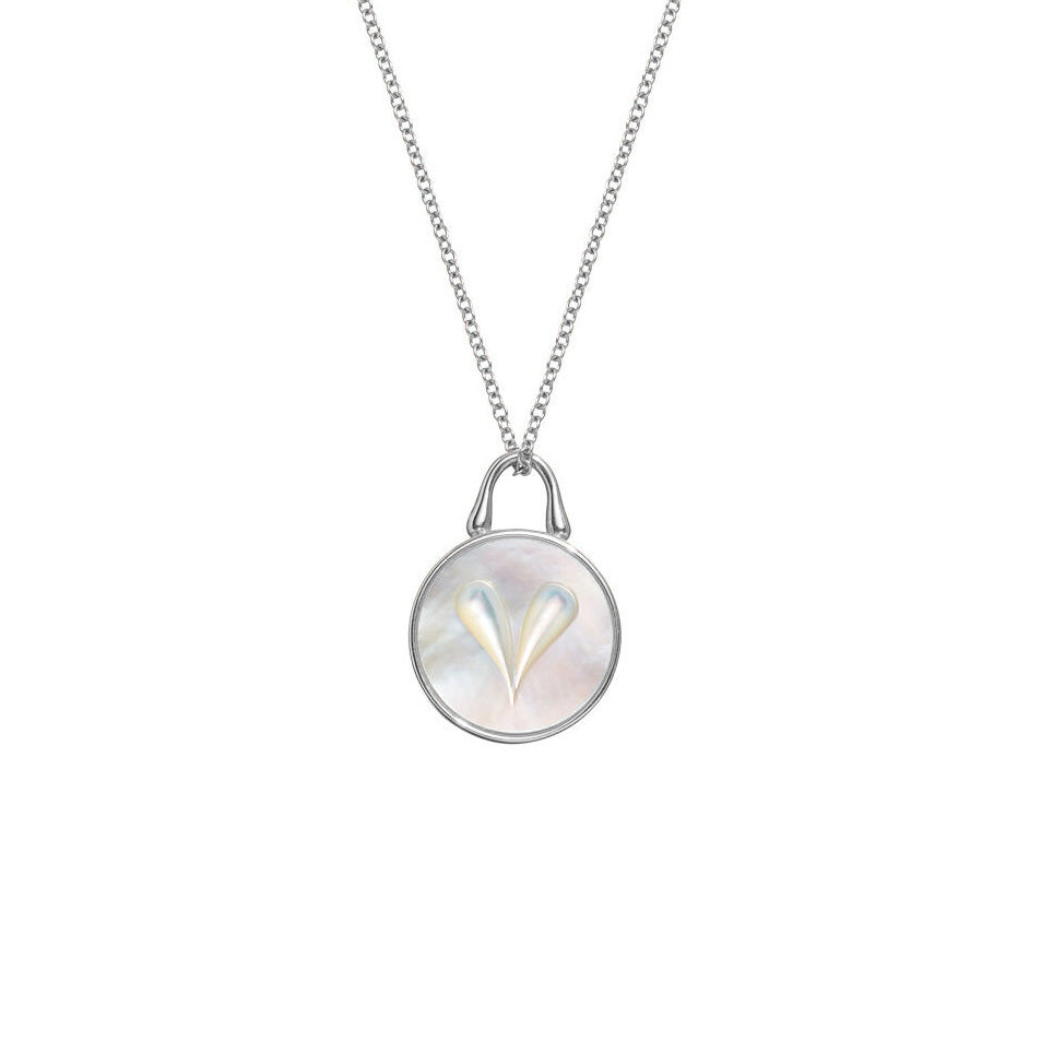 Close detail of Roseate Cameo 12mm heart pendant in sterling silver with mother-of-pearl
