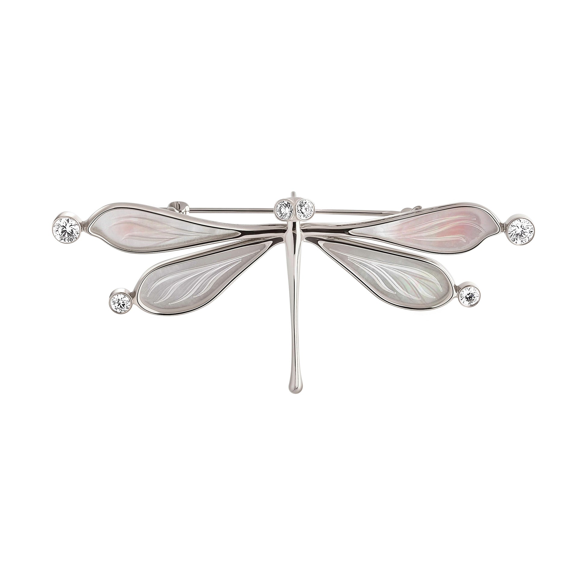 A sterling silver brooch designed as a dragonfly with wings made from carved mother-of-pearl and lab-grown diamonds.