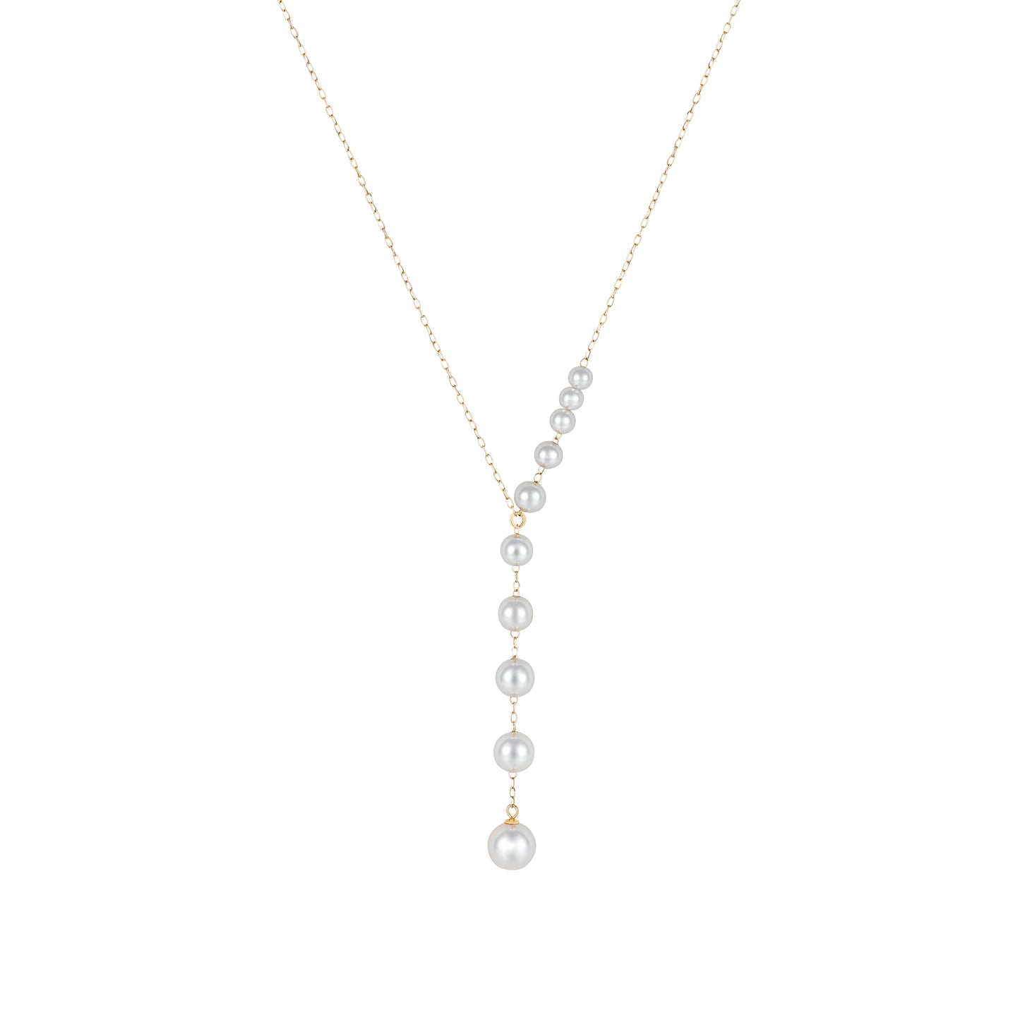 Graduated Akoya cultured pearl Y-necklace in 18K yellow gold featuring luminous white Akoya pearls that increase in size along a delicate gold chain, creating a modern feminine silhouette.