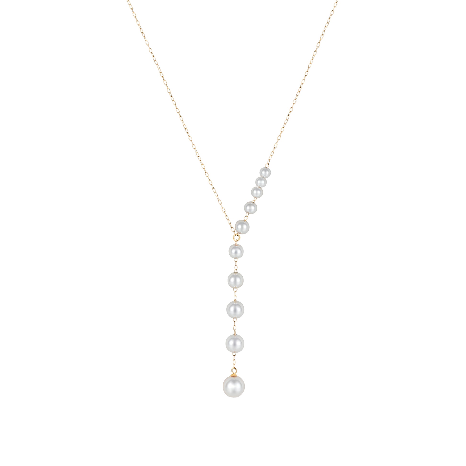 Graduated Akoya cultured pearl Y-necklace in 18K yellow gold featuring luminous white Akoya pearls that increase in size along a delicate gold chain, creating a modern feminine silhouette.